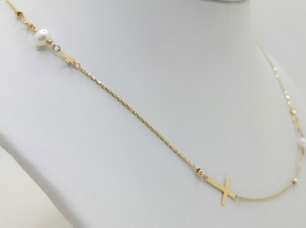 14K DELICATE WHITE PEARL AND CROSS CHAIN 18" 1MM – JY Jewelry Wholesale