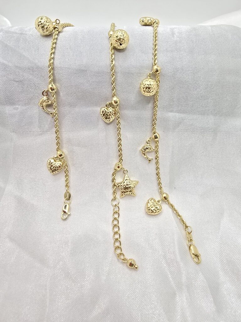 10K STAR DOLPHIN BALL AND HEART ROPE BRACELET – 7" – JY Jewelry Wholesale