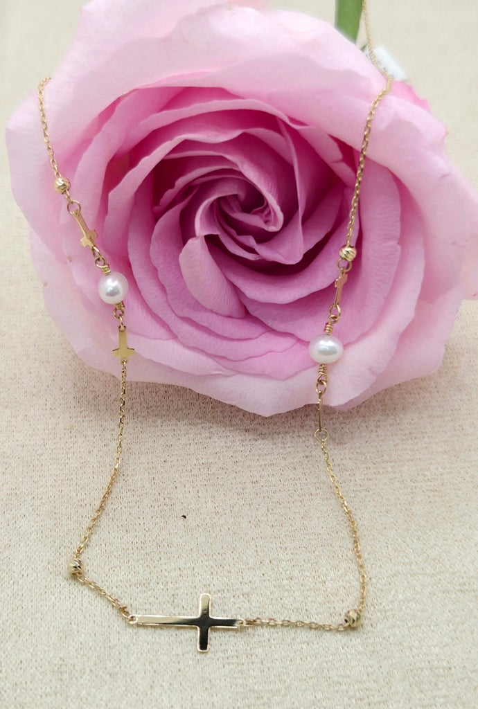 14K DELICATE WHITE PEARL AND CROSS CHAIN 18" 1MM – JY Jewelry Wholesale