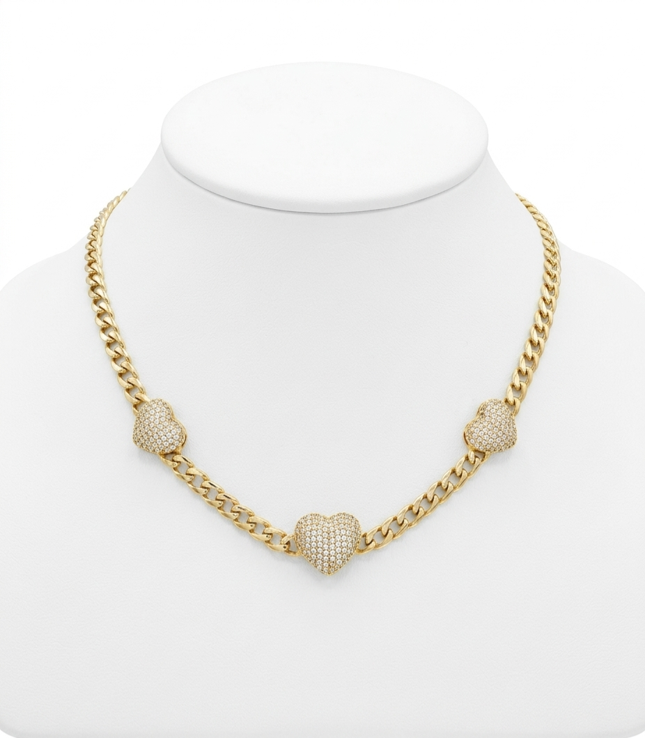 10K ELEGANT CZ TRHEE MEDIUM HEARTS MONACO STYLE NECKLACE – 18" 5MM – JY Jewelry Wholesale