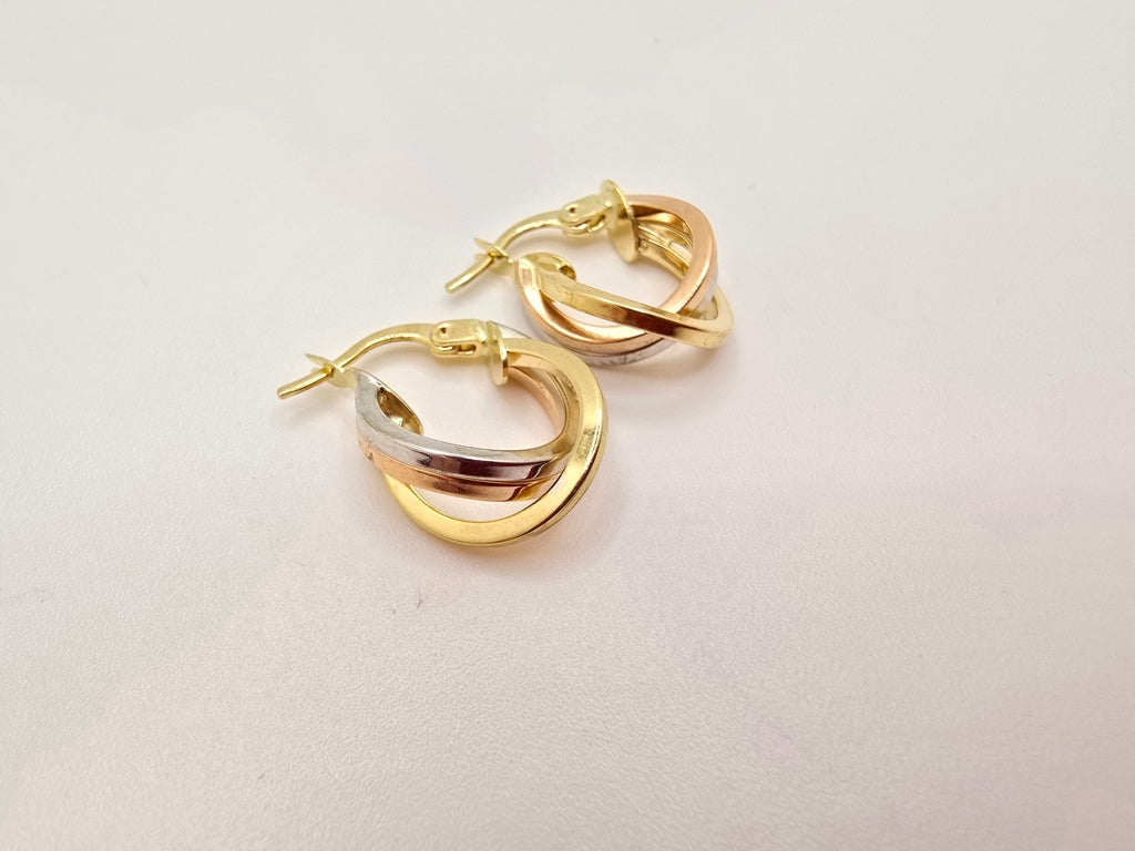 14K SMALL ROUND THREE TONE TWISTED TRIPLE HOOPS EARRINGS – JY Jewelry Wholesale