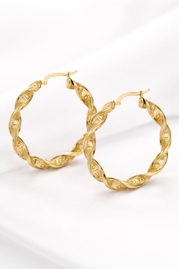 10K GREEK TWISTED HOOPS EARRINGS – 30MM – JY Jewelry Wholesale