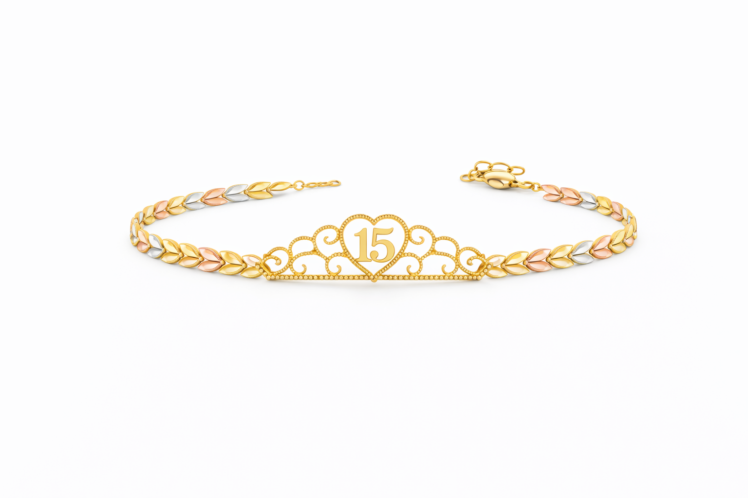 14K THREE TONE LEAVES DESIGN 15 YEARS BRACELET WTH CROWN – 7" – JY Jewelry Wholesale