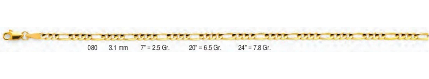 14K Gold Figaro 3+1 Concave Light Chain - 3.1 mm