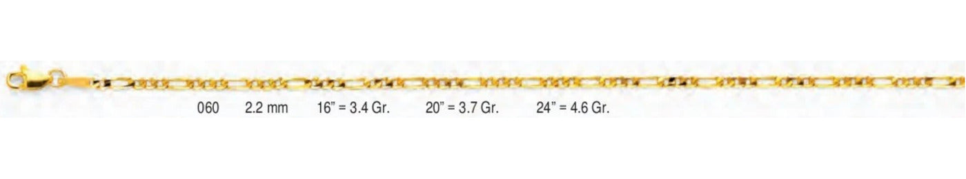 14K Gold Figaro 3+1 Concave Light Chain - 2.2 mm