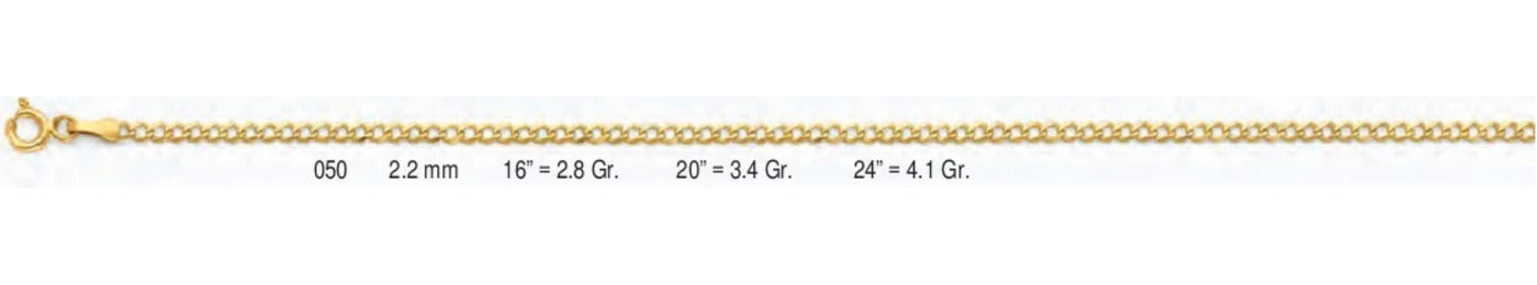 14K Gold Cuban Concave Regular Chain - 2.2 mm