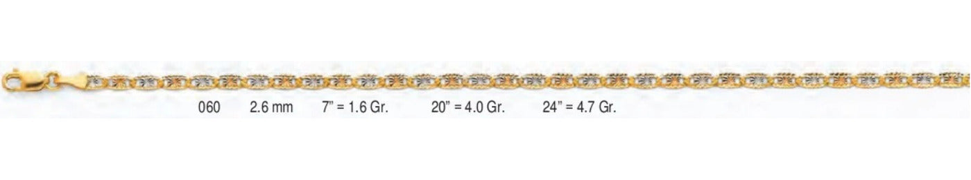 14K Gold Valentino with Star & Rail D.C. 3 Color and White Chain - 2.6 mm