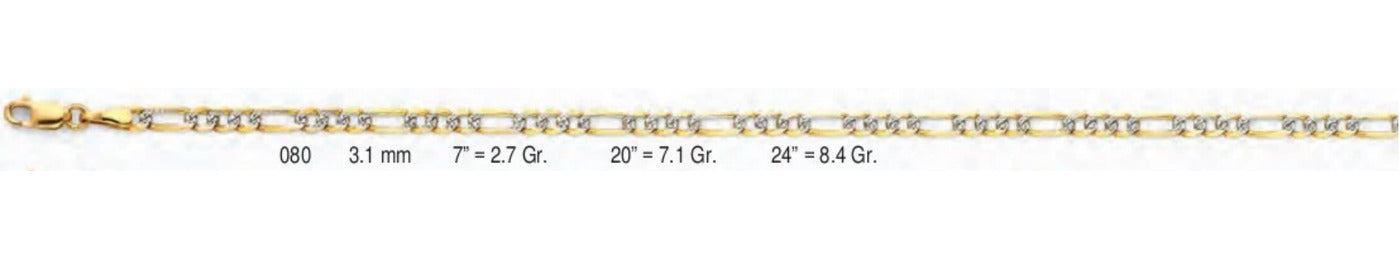 14K Gold Figaro 3+1 WP Light Chain - 3.1 mm