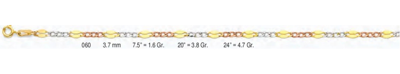 14K Gold Stamped Figaro 3+1 3 Color Chain - 3.7 mm
