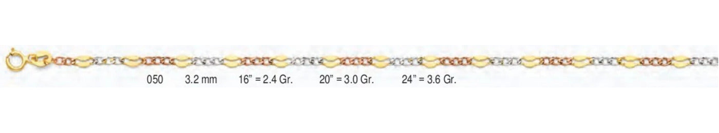 14K Gold Stamped Figaro 3+1 3 Color Chain - 3.2 mm