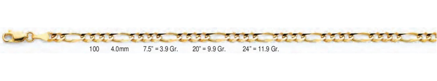 14K Gold Figaro 3+1 Concave Regular Chain - 4 mm