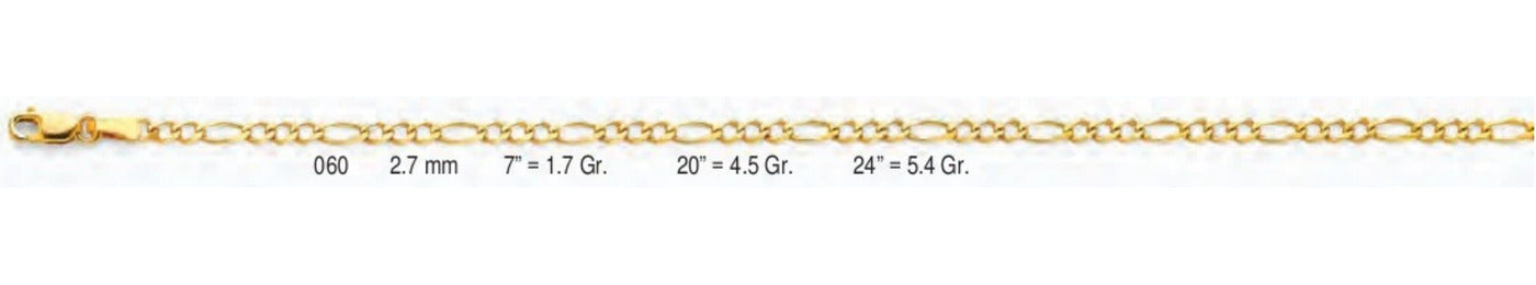 14K Gold Figaro 3+1 Concave Regular Chain - 2.7 mm