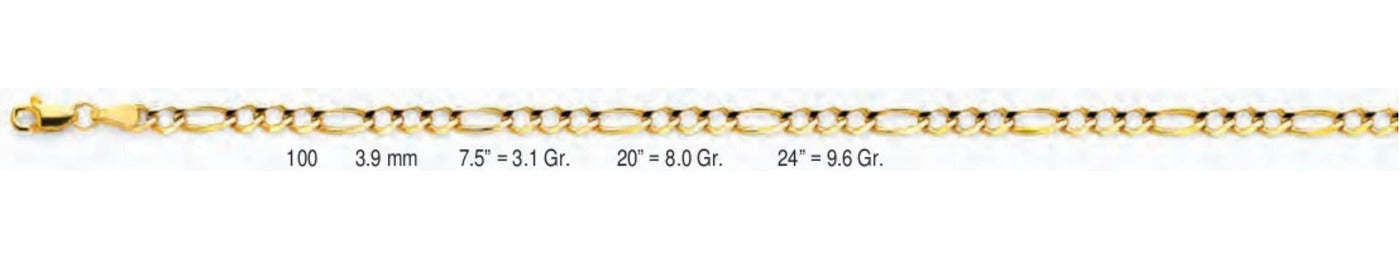 14K Gold Figaro 3+1 Concave Open Light Chain - 3.9 mm