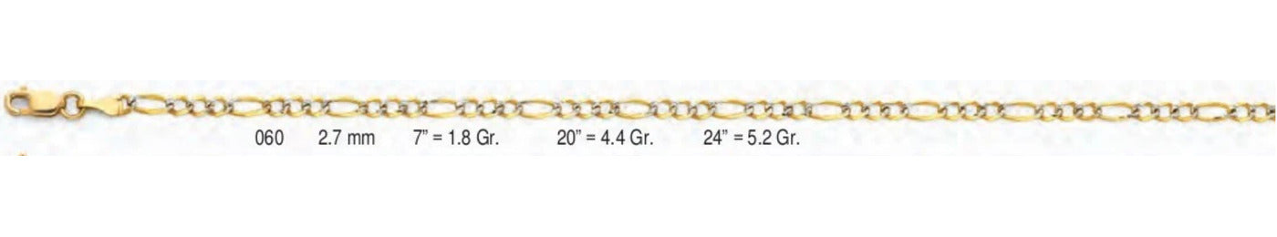 14K Gold Figaro 3+1 WP Regular Chain - 2.7 mm