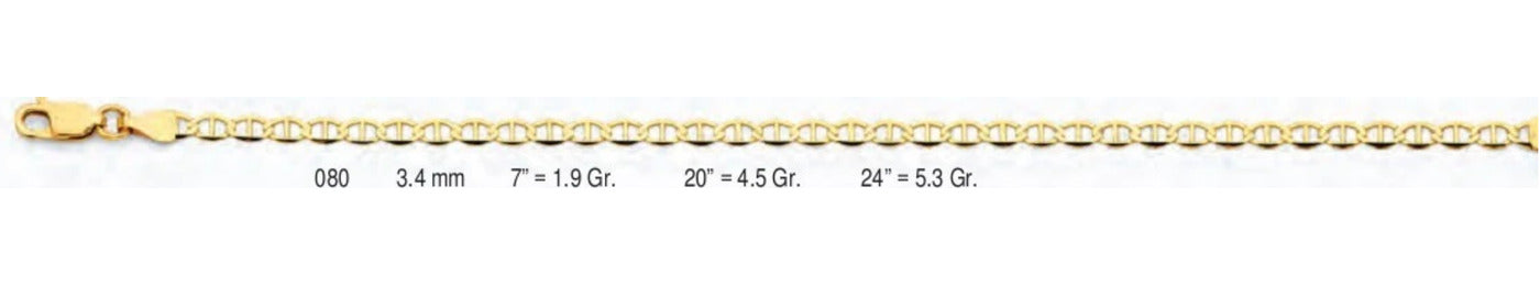 14K Gold Flat Mariner Chain - 3.4 mm