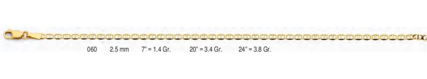 14K Gold Flat Mariner Chain - 2.5 mm