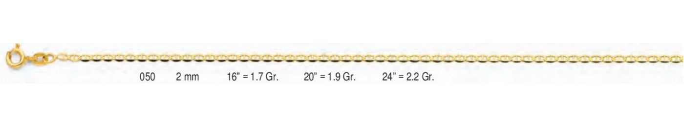 14K Gold Flat Mariner Chain - 2 mm