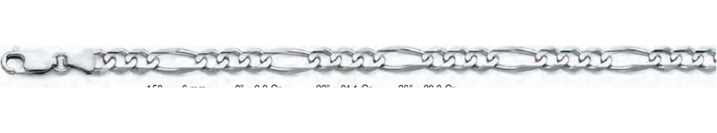 14K Gold Figaro 3+1 Concave Regular White Chain - 6 mm
