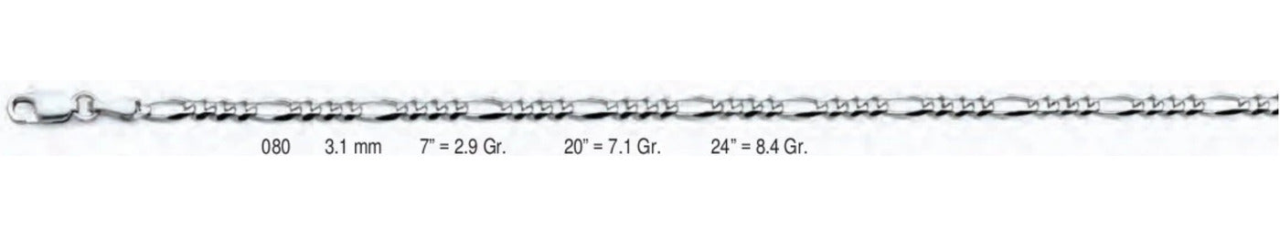 14K Gold Figaro 3+1 Concave Regular White Chain - 3.1 mm