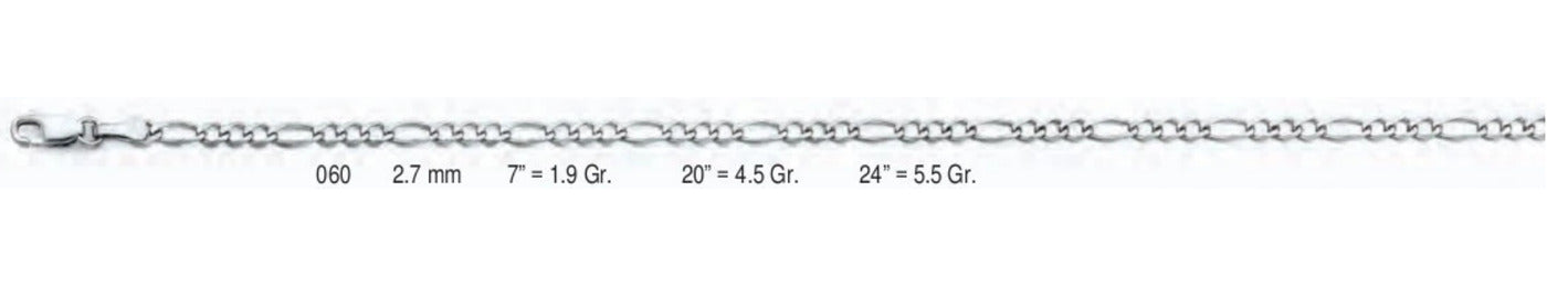 14K Gold Figaro 3+1 Concave Regular White Chain - 2.7 mm