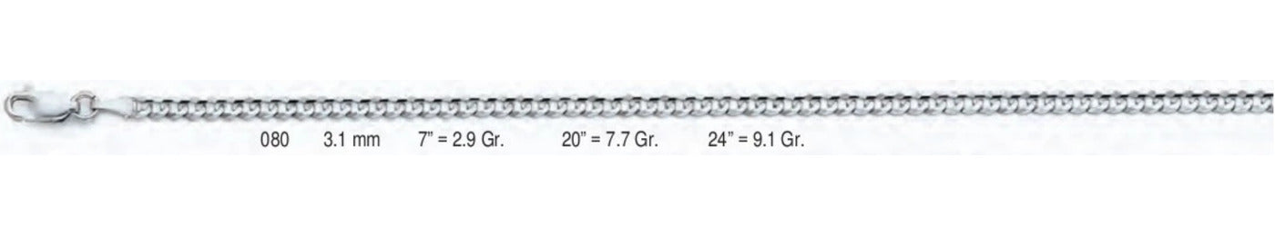 14K Gold Cuban Concave Regular White Chain - 3.1 mm