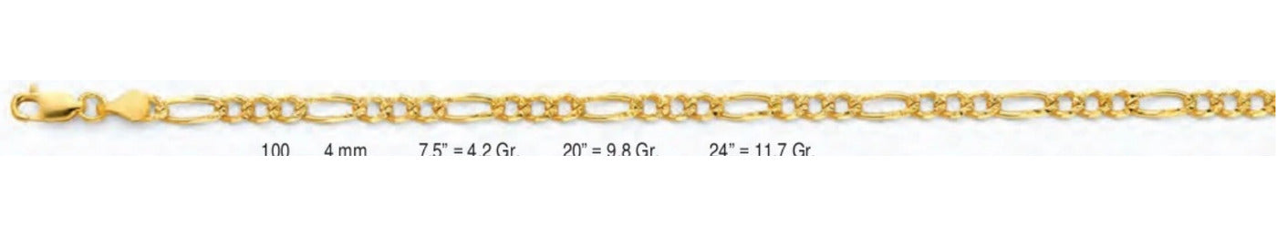 14K Gold Figaro 3+1 Regular YP Chain - 4 mm