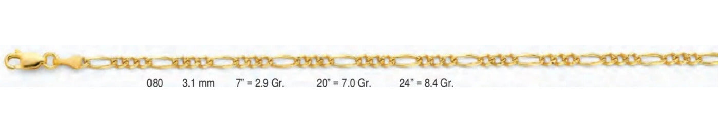 14K Gold Figaro 3+1 Regular YP Chain - 3.1 mm
