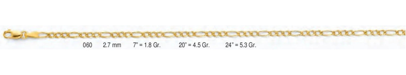 14K Gold Figaro 3+1 Regular YP Chain - 2.7 mm