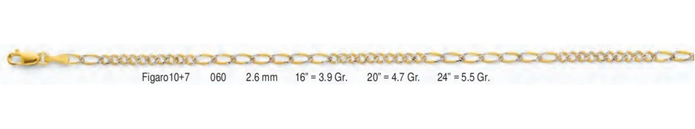 14K Gold Assorted WP - Figaro 10+7 Chain - 2.6 mm