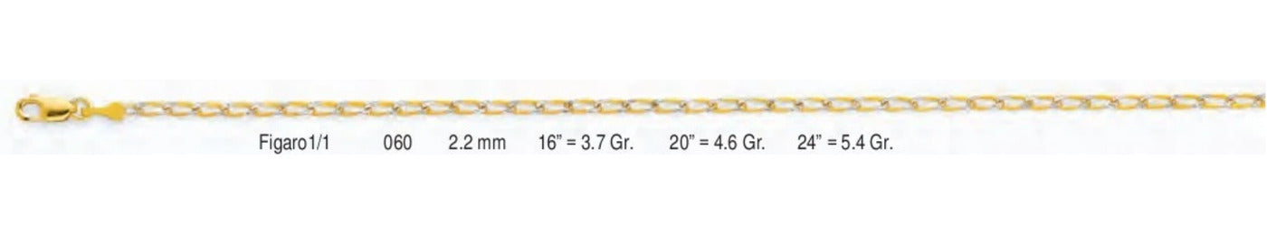 14K Gold Assorted WP - Figaro 1/1 Chain - 2.2 mm