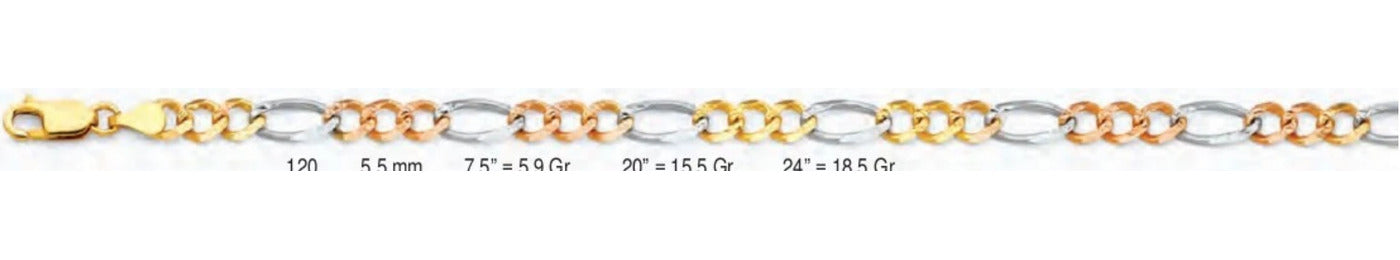 14K Gold Figaro 3+1 Concave Regular 3 Color Chain - 5.5 mm