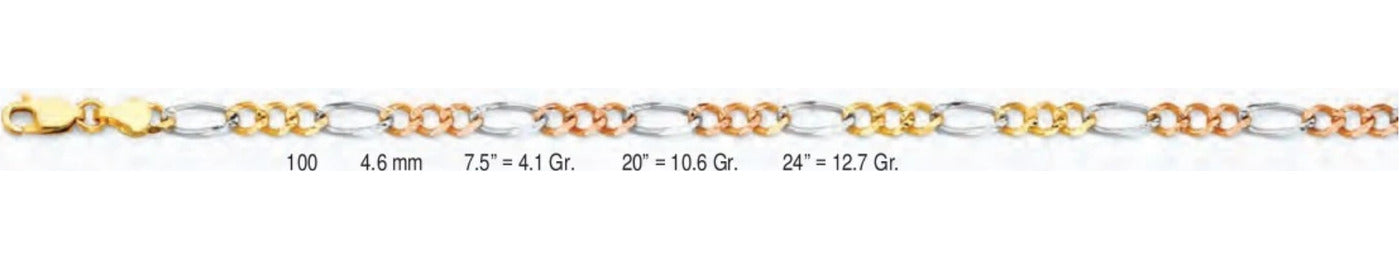 14K Gold Figaro 3+1 Concave Regular 3 Color Chain - 4.6 mm