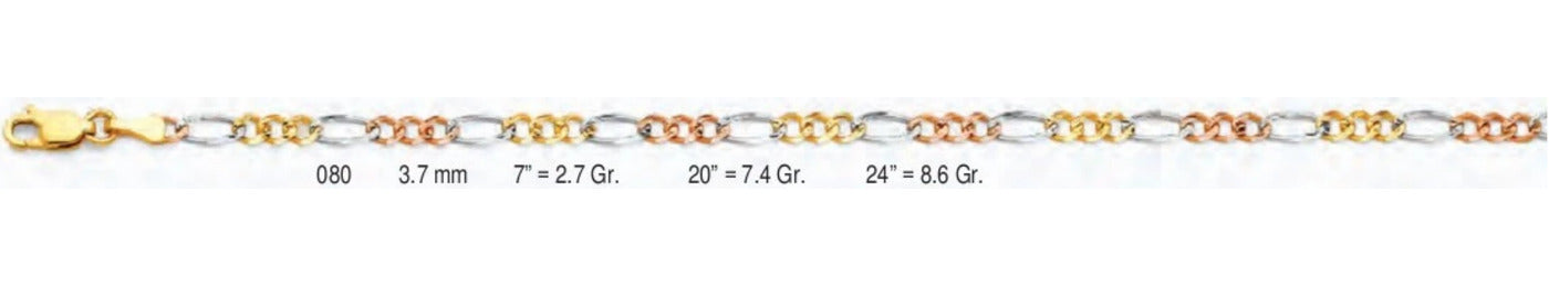 14K Gold Figaro 3+1 Concave Regular 3 Color Chain - 3.7 mm
