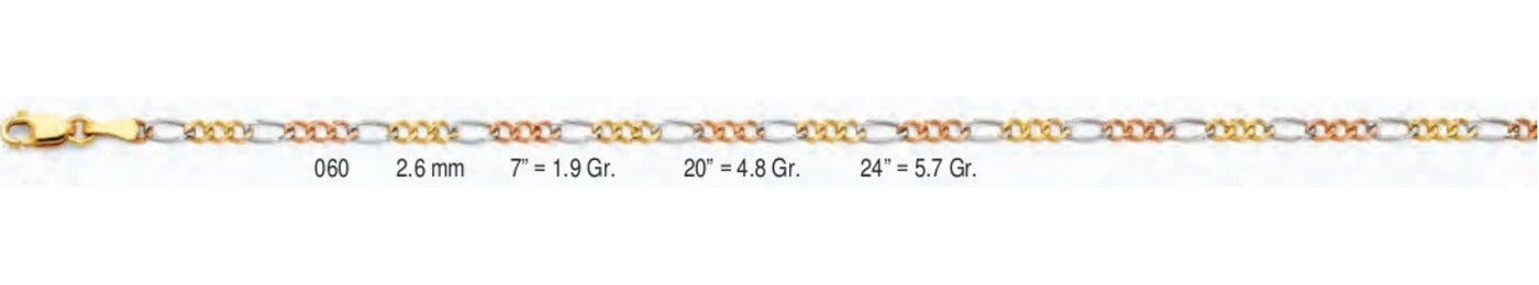 14K Gold Figaro 3+1 Concave Regular 3 Color Chain - 2.6 mm