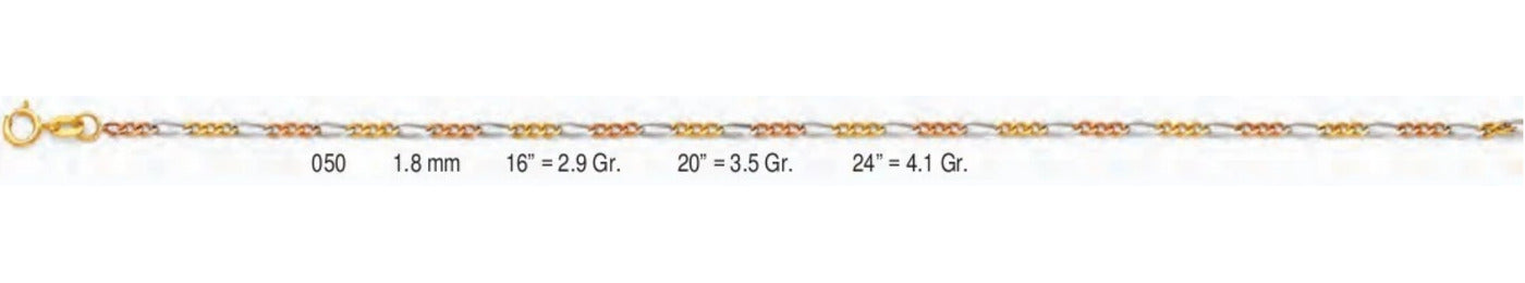 14K Gold Figaro 3+1 Concave Regular 3 Color Chain - 1.8 mm
