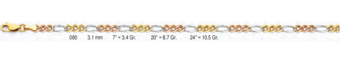 14K Gold Ficonucci 3 Color Chain - 3.1 mm