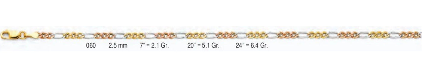14K Gold Ficonucci 3 Color Chain - 2.5 mm