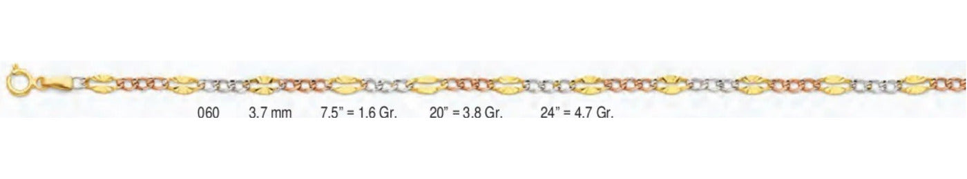 14K Gold Stamped Figaro 3+1 3 Color Chain - 3.7 mm
