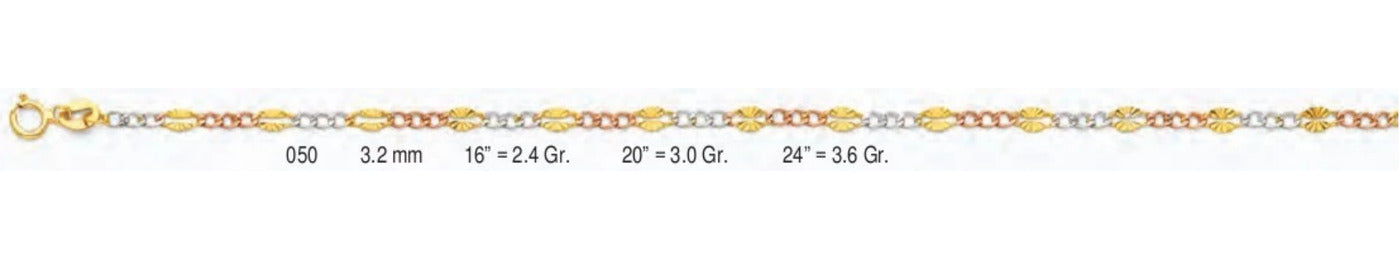 14K Gold Stamped Figaro 3+1 3 Color Chain - 3.2 mm