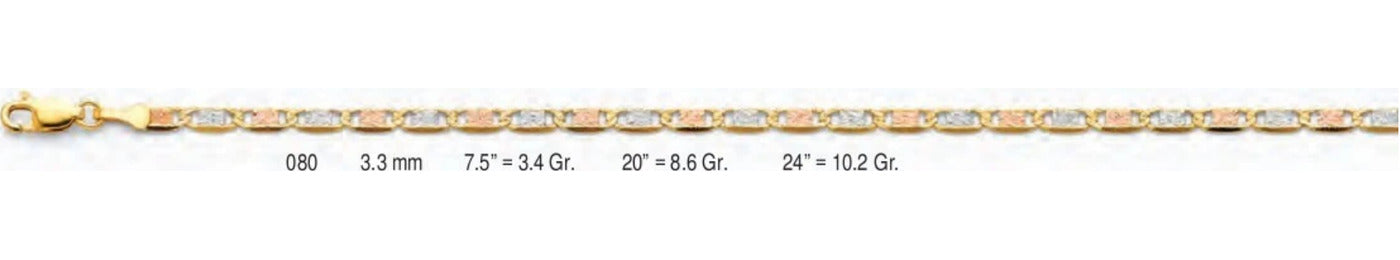 14K Gold Basic Valentino 3 Color Chain - 3.3 mm