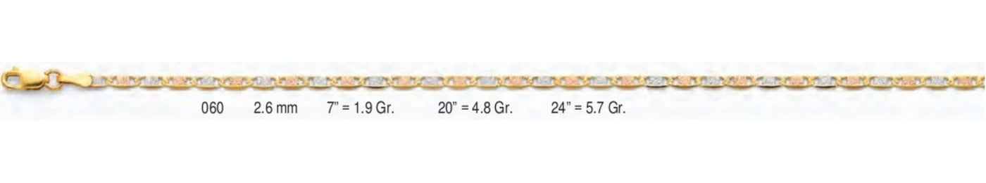 14K Gold Basic Valentino 3 Color Chain - 2.6 mm