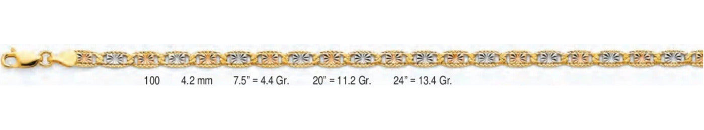14K Gold Valentino with Star & Rail D.C. 3 Color and White Chain - 4.2 mm