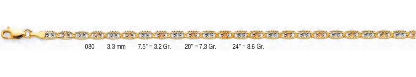 14K Gold Valentino with Star & Rail D.C. 3 Color and White Chain - 3.3 mm