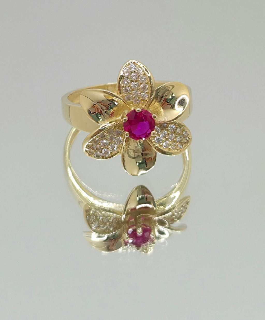 14K MODERN FLOWER PINK STONE CENTER RING – 7 – JY Jewelry Wholesale