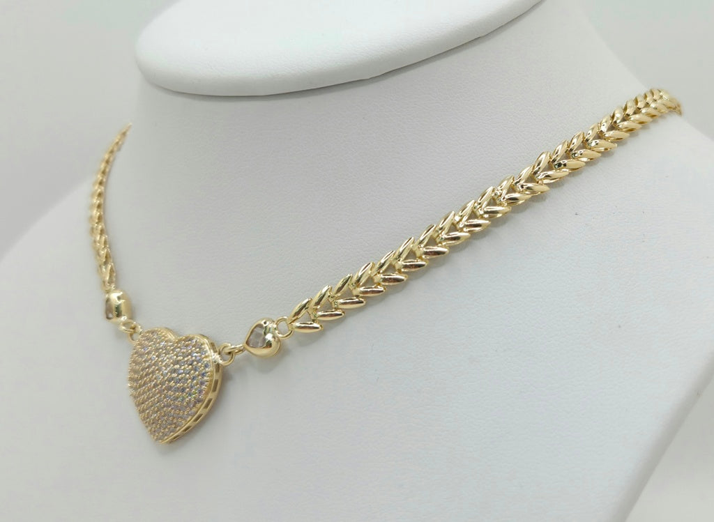 14K CZ HEART LEAVES LINK NECKLACE – 18" – JY Jewelry Wholesale