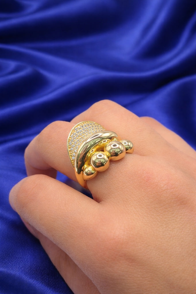 10K MODERN GOLDEN BALLS AND CZ DETAILS RING – 8 – JY Jewelry Wholesale