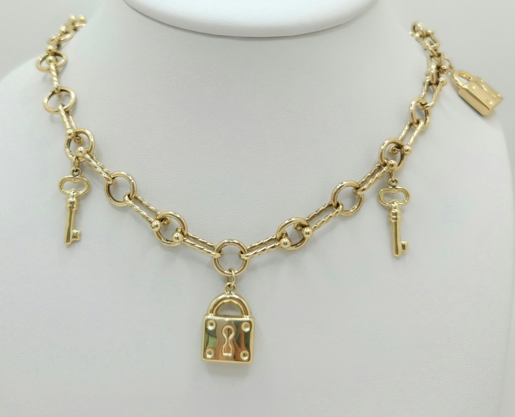 10K PAPER CLIP CHAIN WITH KEYS AND PADLOCK CHARMS – 18" – JY Jewelry Wholesale