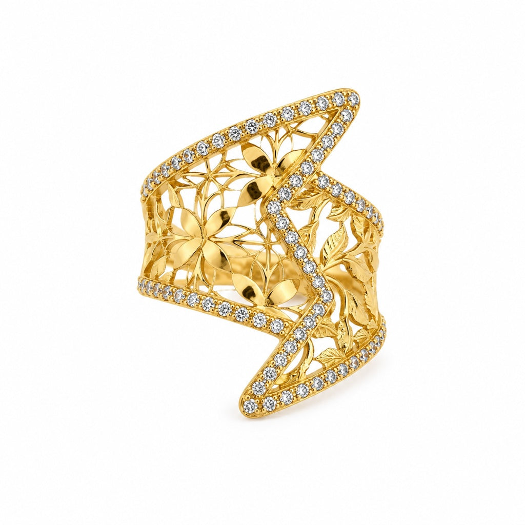 14K LEAVES AND FLOWERS SILHOUETTES ASYMMETRIC RING – 8 – JY Jewelry Wholesale