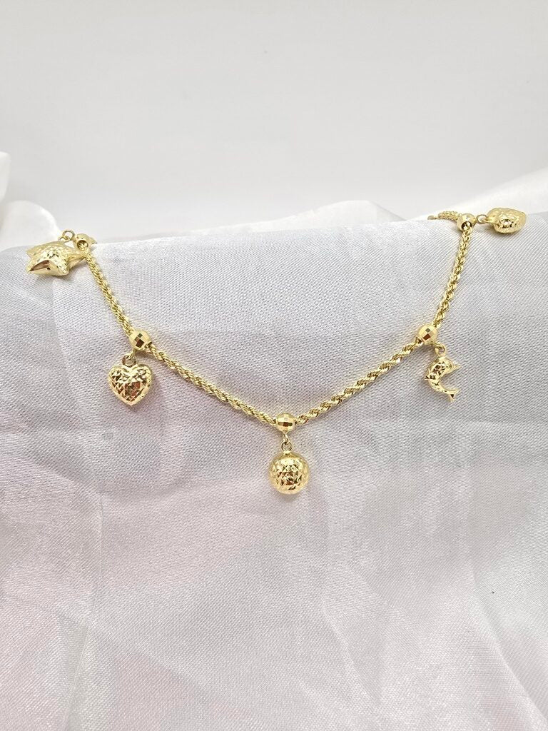 10K STAR DOLPHIN BALL AND HEART ROPE BRACELET – 7" – JY Jewelry Wholesale
