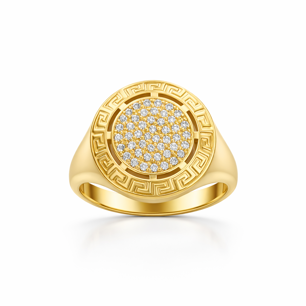 14K MODERN GREEK FRAME ROUND CZ RING – 8 – JY Jewelry Wholesale